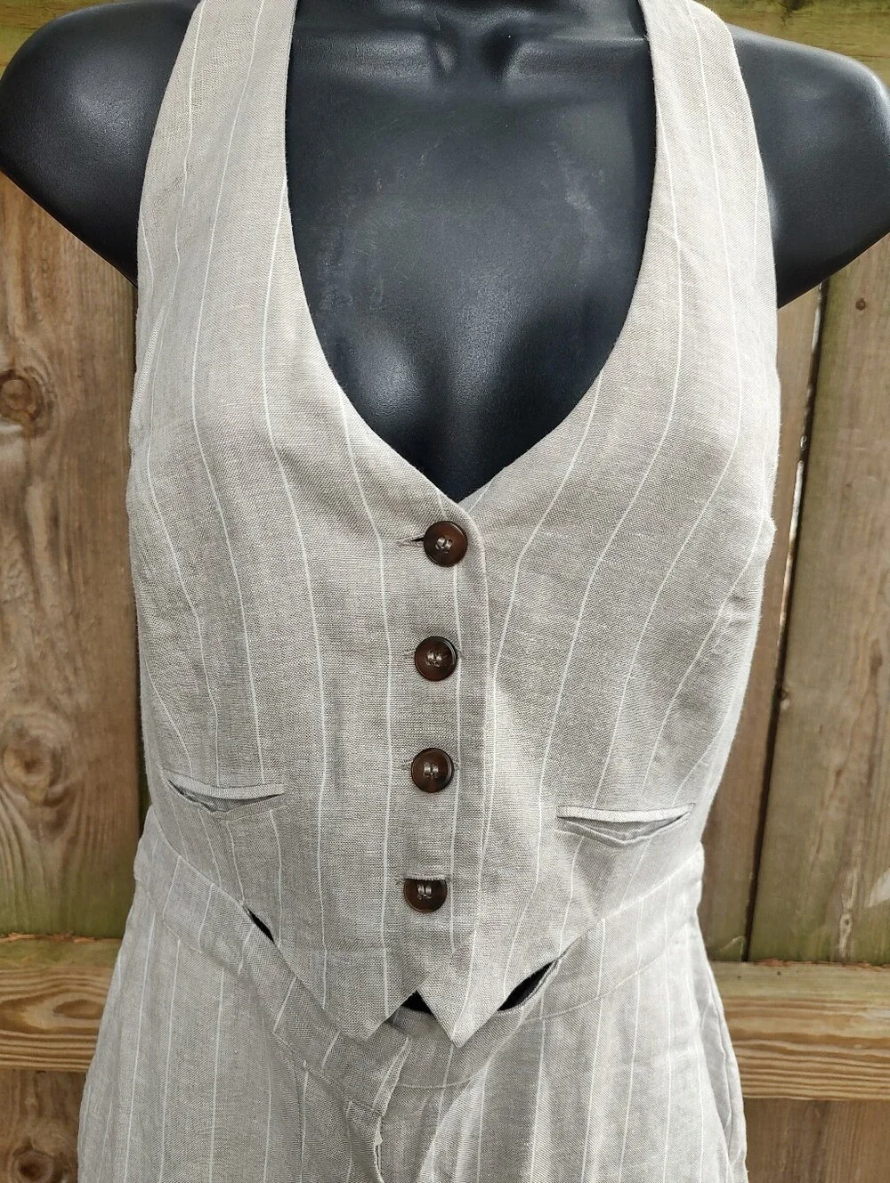 🏵️ Zara Halter Neck Linen Viscose Striped Button Front Wide Leg Jumpsuit NWT Sm